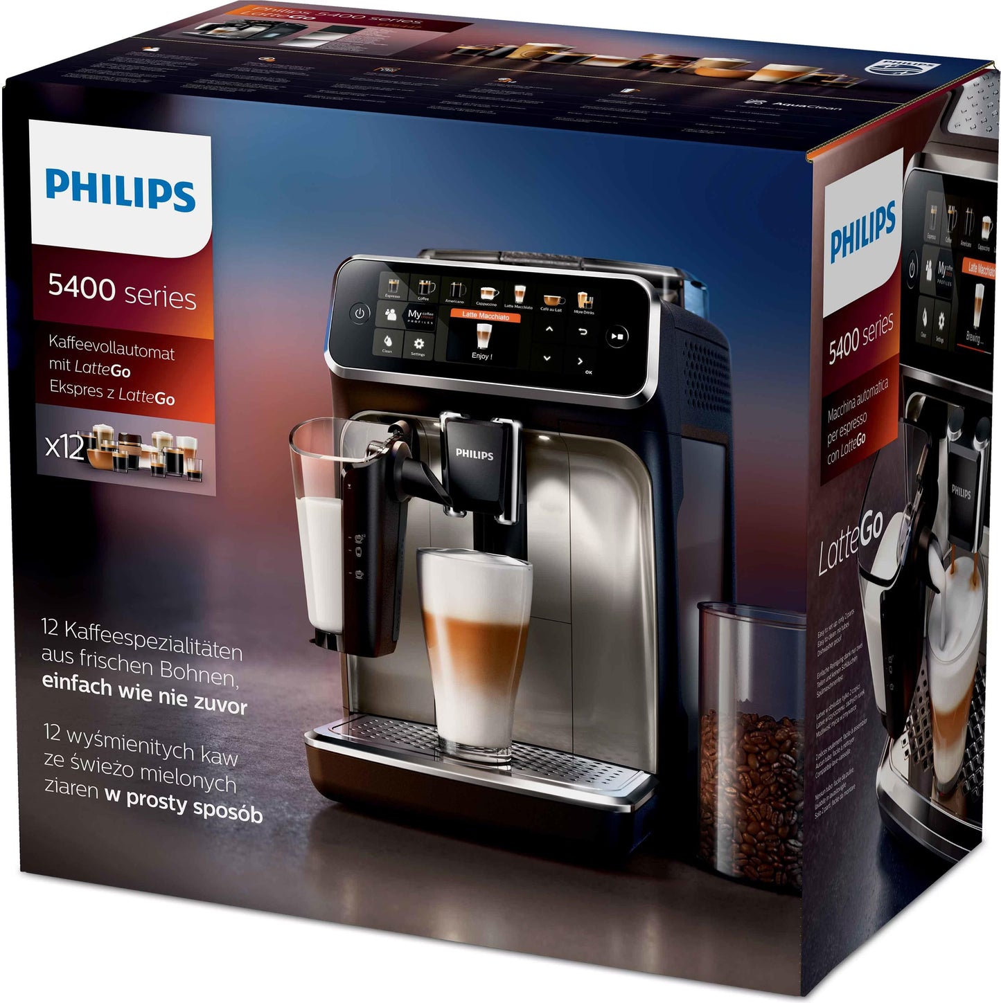 Serie 5400 (EP5447/90) Kaffeevollautomat – LatteGo Milchsystem, 12 Kaffeespezialitäten, Intuitives Display, 4 Benutzerprofile, Chrom